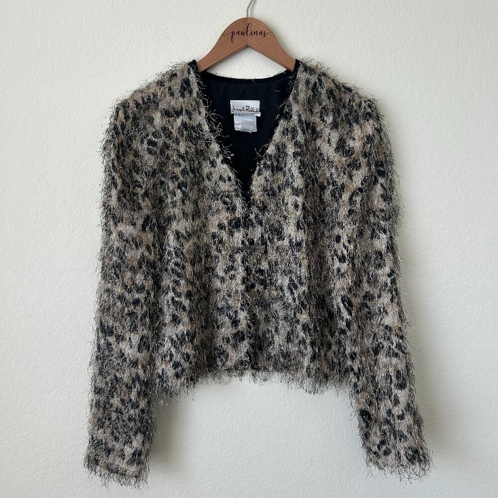 Joseph Ribkoff Jacket Womens 8 Fringe Animal Print Leopard Open Front Chic